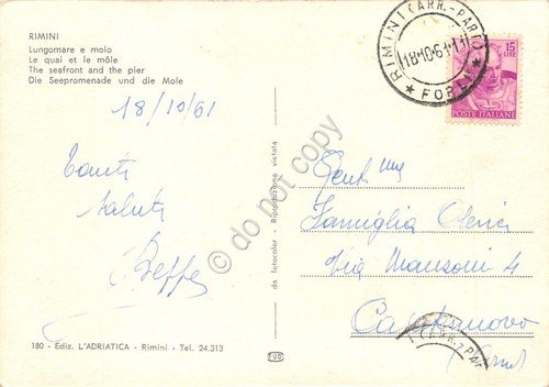 Cartolina Rimini lungomare e molo 1961