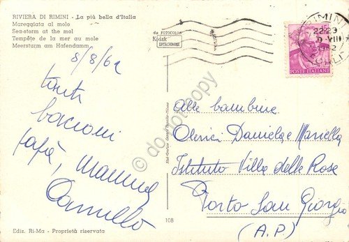 Cartolina Rimini mareggiata al molo con elicottero animata 1962