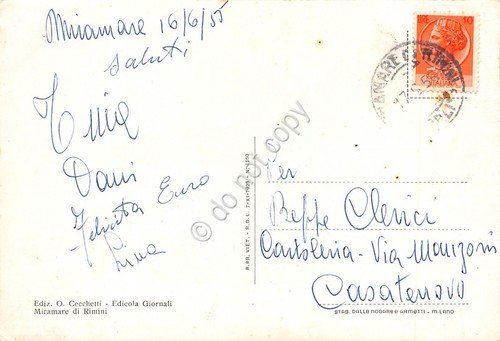 Cartolina Rimini Miramare Rotonda e spiaggia 1955