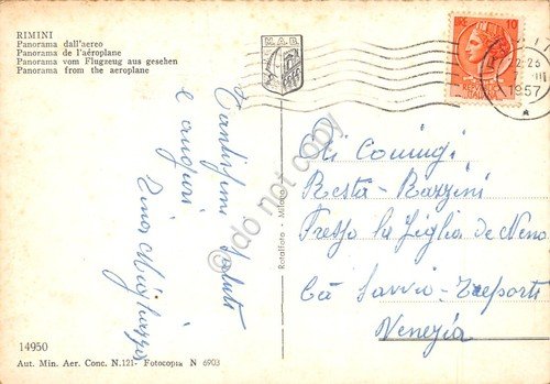 Cartolina Rimini Panorama aereo spiaggia colorata 1957
