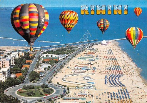 Cartolina Rimini Panorama aereo spiaggia con mongolfiere 1987 | Immagine principale