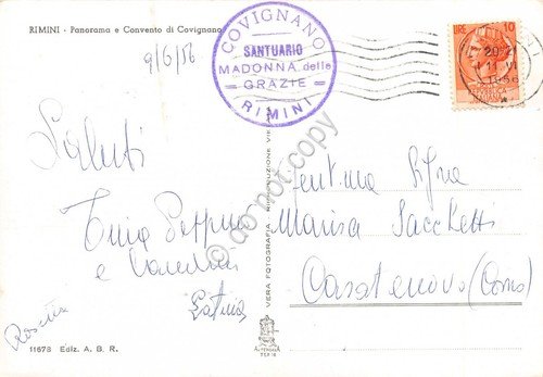Cartolina Rimini Panorama e Convento di Covignano 1956 timbro Santuario … | Immagine Gallery 2