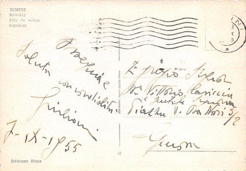 Cartolina Rimini Regate veliche barca a vela 1955