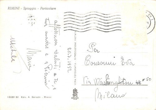 Cartolina Rimini spiaggia animata 1952