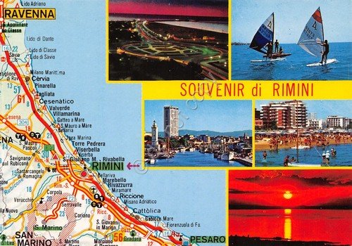 Cartolina Rimini vedute varie e mappa