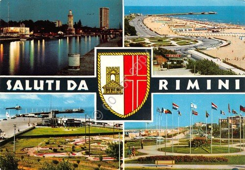 Cartolina Rimini vedute varie e stemma | Immagine principale