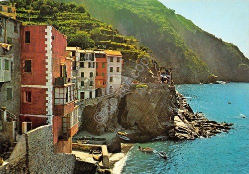 Cartolina Riomaggiore marina e case