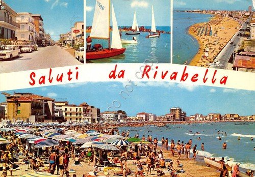 Cartolina Rivabella 4 vedute spiaggia animata paese (Rimini)
