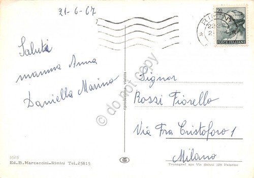 Cartolina Rivabella 4 vedute spiaggia animata paese (Rimini)