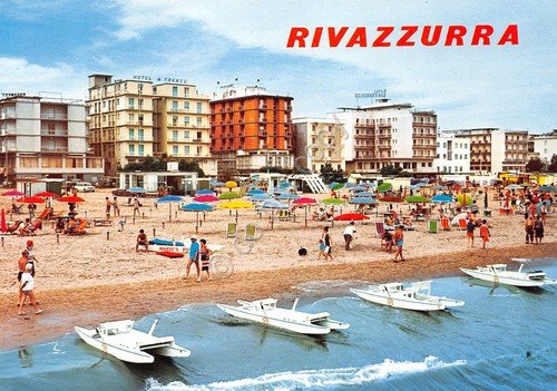 Cartolina Rivazzurra spiaggia dal mare Hotel France alberghi animata Bagni … | Immagine principale