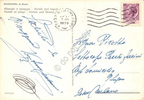 Cartolina Rivazzurra spiaggia Hotel Helios animata bagnino Alberto 1970 | Immagine Gallery 2