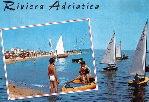 Cartolina Riviera Adriatica 2 vedute barca a vela animata (Rimini)