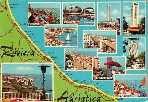 Cartolina Riviera Adriatica vedute varie località e mappa 1967 (Rimini)