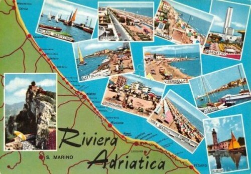Cartolina Riviera Adriatica vedute varie località e mappa (Rimini)
