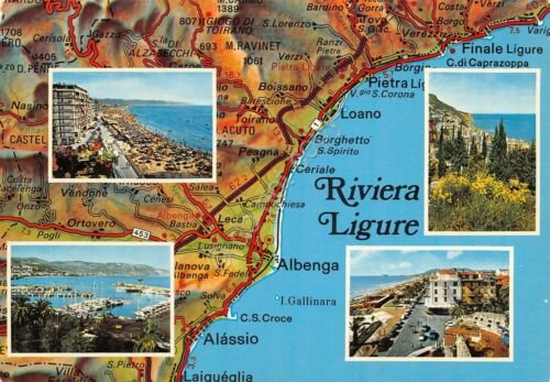 Cartolina Riviera Ligure Ponente vedute varie e mappa località (Savona)