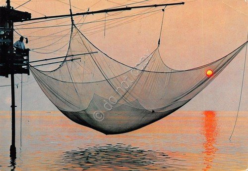 Cartolina Riviera Ligure rete da pesca al tramonto 1967 (Genova) | Immagine principale