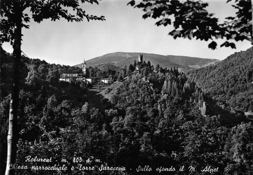 Cartolina Roburent Chiesa Parrocchiale e Torre Saracena M. Alpet | Immagine principale