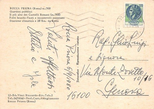 Cartolina Rocca Priora Giardini Pubblici animata Distibutore Eni 1980