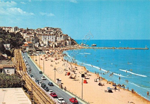 Cartolina Rodi Garganico spiaggia auto strada lungomare anni '80