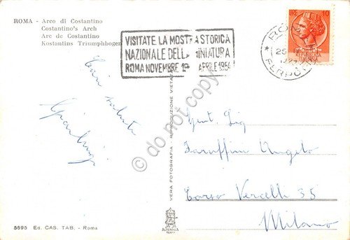 Cartolina Roma Arco Costantino Timbro targhetta Mostra storica miniatura 1954