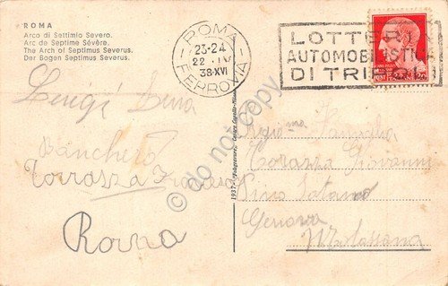 Cartolina Roma Arco Settimio Severo timbro targhetta Lotteria Tripoli 1938