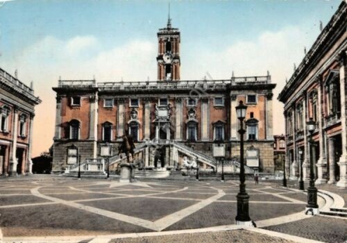 Cartolina Roma Campidoglio colorata timbro Buona Pasqua PTT 1955