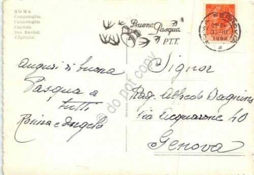 Cartolina Roma Campidoglio colorata timbro Buona Pasqua PTT 1955