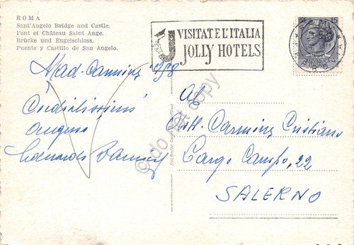 Cartolina Roma Castel S. Angelo timbro a targhetta Jolly Hotel …