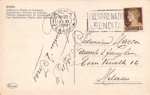 Cartolina Roma ColosseoTimbro targhetta Prestito Nazionale 1935 | Immagine principale