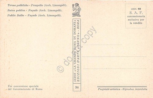 Cartolina Roma Illustrata Terme Pubbliche prospetto Architetto Limongelli