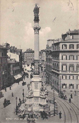 Cartolina Roma Piazza di Spagna Hotel Europa animata carrozza 1908 | Immagine principale