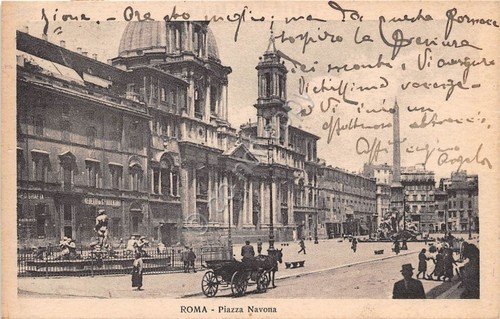 Cartolina Roma Piazza Navona animata carrozza 1924 Timbro Senato del …