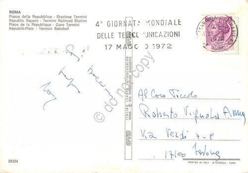 Cartolina Roma Piazza Repubblica timbro a targhetta Giornata telecomunicazioni | Immagine principale