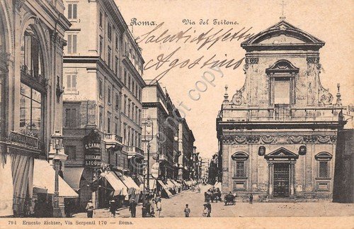 Cartolina Roma Via del Tritone animata negozi 1904 Timbro Bandiera