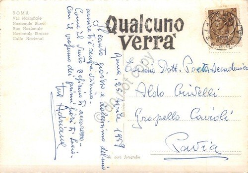 Cartolina Roma Via Nazionale timbro a targhetta Qualcuno verrà 1959