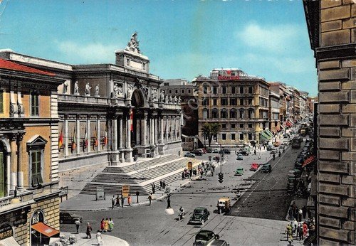 Cartolina Roma Via Nazionale timbro a targhetta Qualcuno verrà 1959