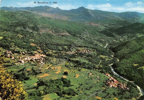 Cartolina Rovegno Alta Val Trebbia panorama dall'alto con M. Roccabruna