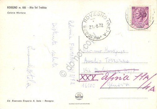 Cartolina Rovegno Colonia montana Gioventù Italiana 1972