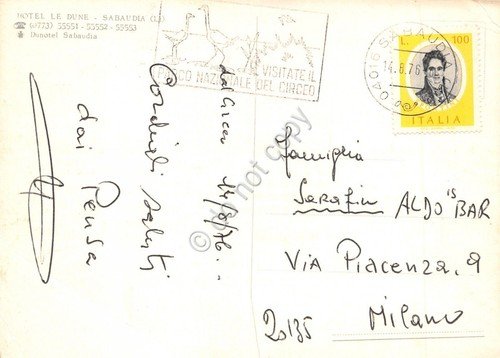 Cartolina Sabaudia Hotel Le Dune 1976 Timbro visitate Circeo (Latina)