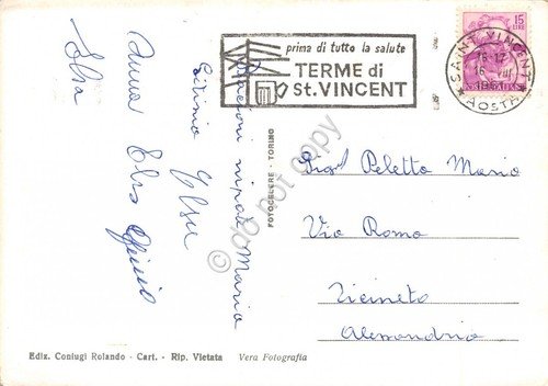 Cartolina Saint Vincent Via Chanoux animata auto 1961 timbro Terme