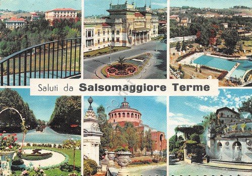 Cartolina Salsomaggiore Terme vedute varie paese piscina terme 1959