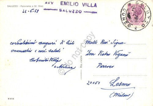 Cartolina Saluzzo Panorama timbro Avv Emilio Villa 1968