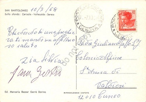 Cartolina San Bartolomeo con Cerisola Vallecalda e Sereta 1968