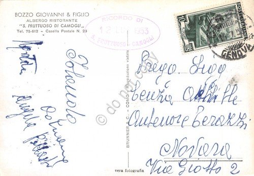 Cartolina San Fruttuoso di Camogli Albergo ristorante 1953 (Genova)