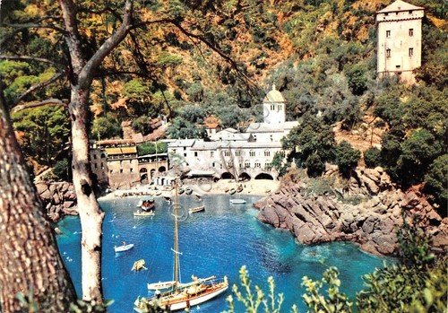 Cartolina San Fruttuoso di Camogli panorama baia dall'alto 1957 (Genova)