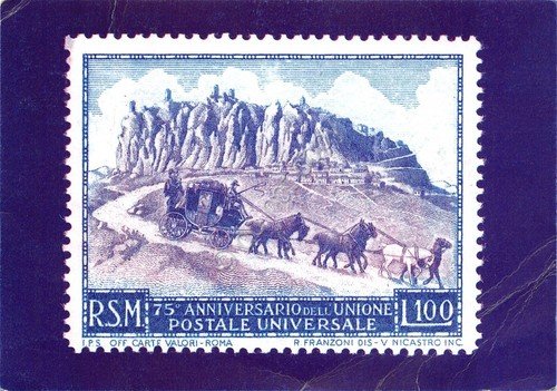 Cartolina San Marino 75 Anniversario Unione postale 1987 grinze