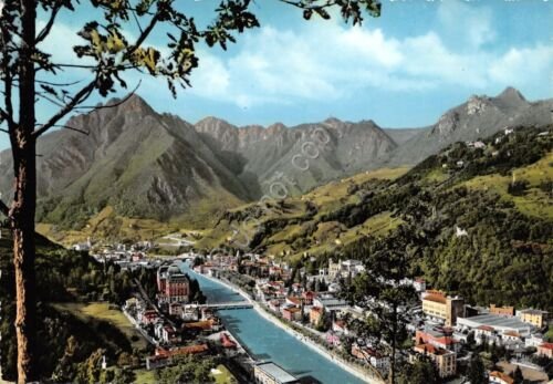 Cartolina San Pellegrino Terme panorama paese dall'alto fiume colorata 1960