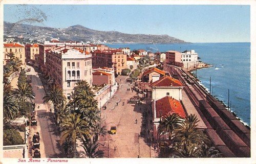Cartolina San Remo Panorama Ferrovia Timbro Albergo Miramare Continental 1938 | Immagine principale