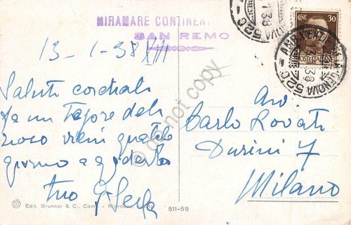 Cartolina San Remo Panorama Ferrovia Timbro Albergo Miramare Continental 1938