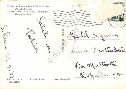 Cartolina Sanremo Casinò Municipale Notturno auto d'epoca 1952